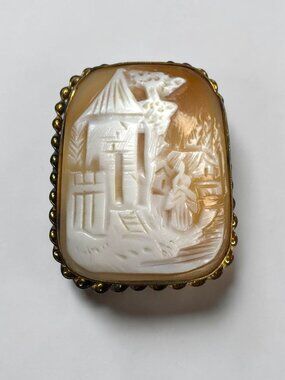 10K Gold Shell Cameo Brooch Rebecca at the Well Scenic Carved Vintage